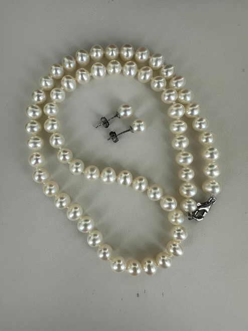 Vintage Sterling Silver Cultured Pearl Necklace Earrings Set