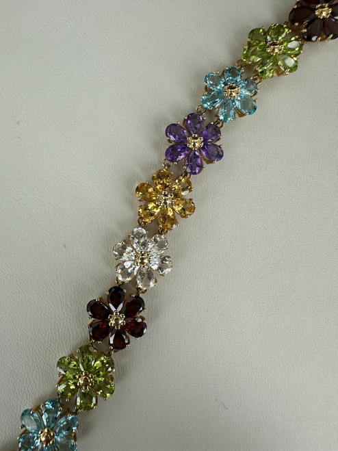 Vintage 10k Gold Multi Gemstone Rainbow Flower Link Tennis Bracelet