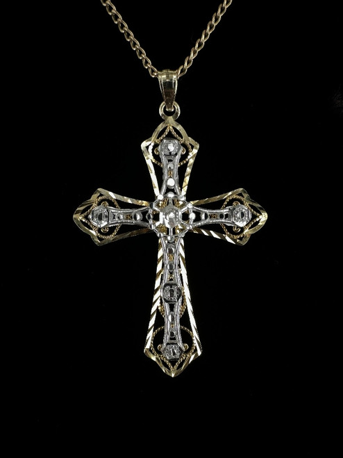 Vintage Art Deco Revival 14k Gold Two Tone Filigree Cross Pendant Necklace 18.5”