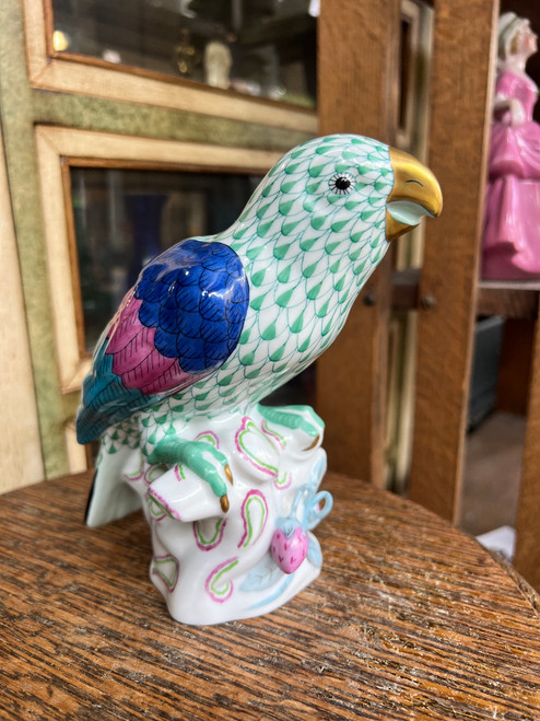 Herend Hungary Green Fishnet Parrot 24K Gold ~ Artist Signed Balta Szilvia ~ 6"
