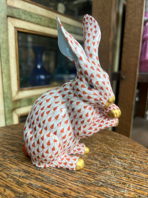 Herend Rust Fishnet Hare Rabbit #15307 Signed Balta Szilvia 1994 - 24K Gold - 6"