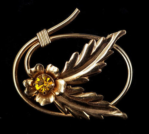 Antique Art Deco Rolyn Inc 12k Gold Filled Citrine Rhinestone Flower Pin Brooch / Gold Filled brooch / Floral Jewelry / Antique Jewelry