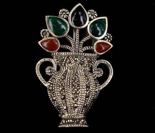 Antique Art Deco Sterling Marcasite Green Black Red Onyx Vase Pin Brooch 1.75”