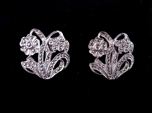 Antique Art Deco Sterling Silver Marcasite Flowers Leaves Screw Back Earrings