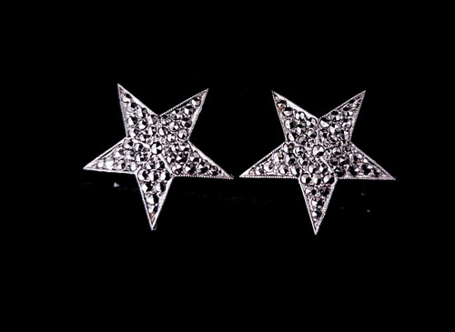 Antique Art Deco Sterling Silver Pave Marcasite Star Screw Back Earrings .75"