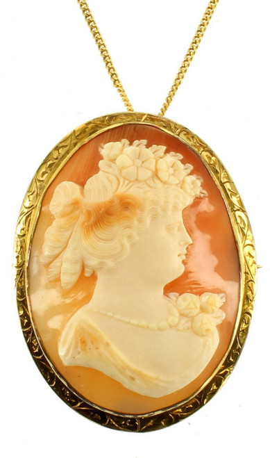 Edwardian Shell Cameo Pendant Pin: 12KT Gold Filled Victorian Jewelry