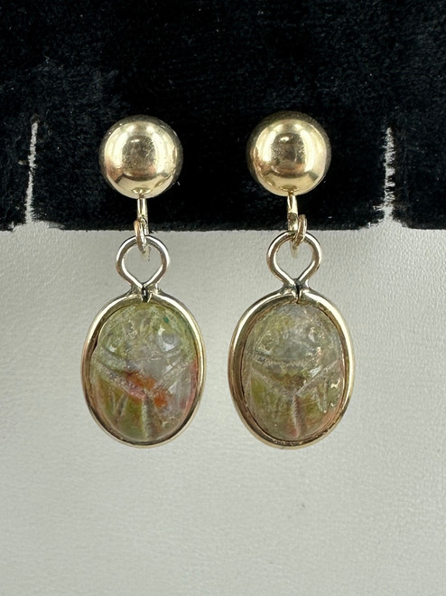 Vintage 12k GF Scarab Carved Unakite Dangle/Drop Screw Back Earrings 1.25”