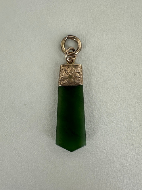 Antique Victorian 9k Rose Gold Mounted Jade Leaf Engraved Charm Pendant