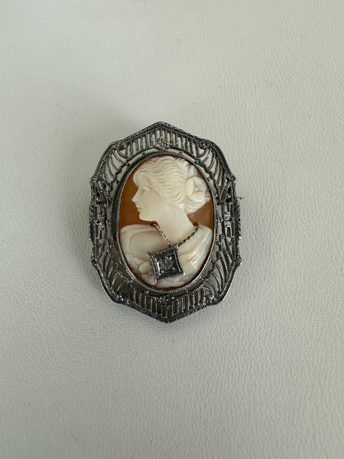 Antique Edwardian Sterling Silver Habille Cameo Filigree Brooch/Pin 1.25”