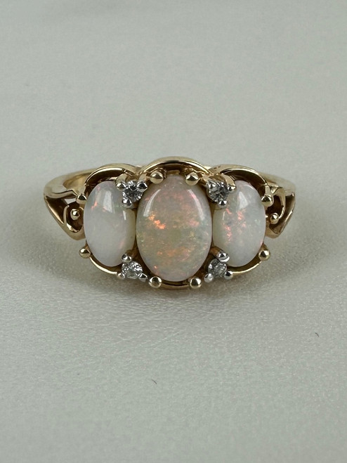 Vintage MCM 14k Gold Opal Trilogy Diamond Ring 6.25