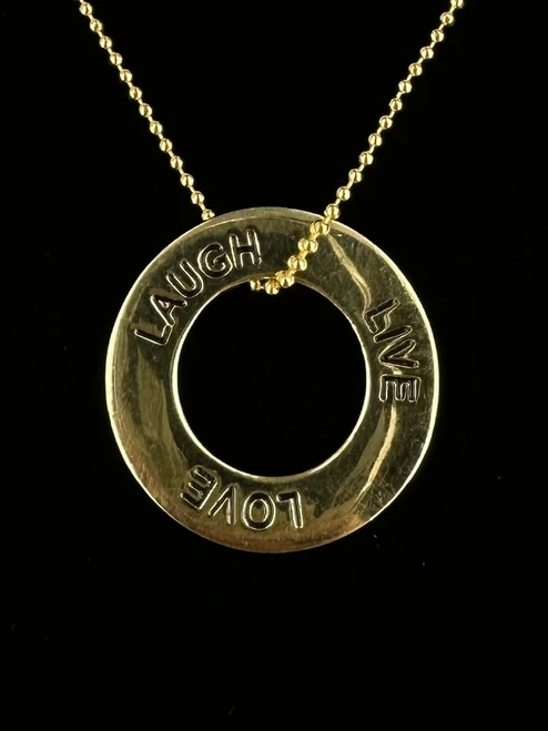 Vintage Sterling Gold Vermeil Live Laugh Love Circle Pendant Necklace 16.75”