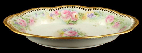 Antique Signed HP Porcelain Reticulated Vegetable Dish Germany Roses Violets