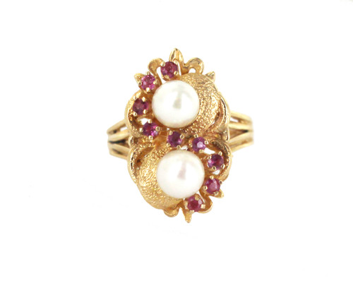 Vintage Mid Century 14k Yellow Gold 0.27 Ruby Pearl Ring Size 7
