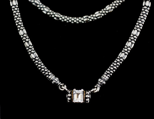 VTG Lagos Sterling Silver 18k Gold Caviar Beaded 7.46ct White Topaz Necklace 17"