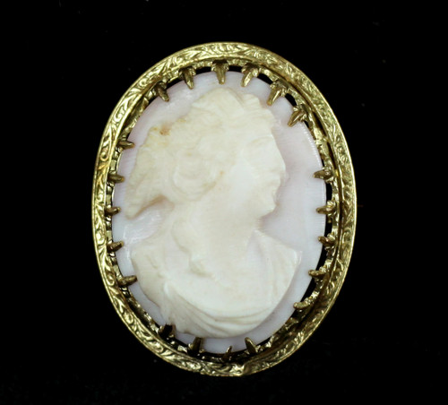 Antique Victorian Pink Shell Cameo Gold Filled GF Fleur de Lis setting Pin Brooch