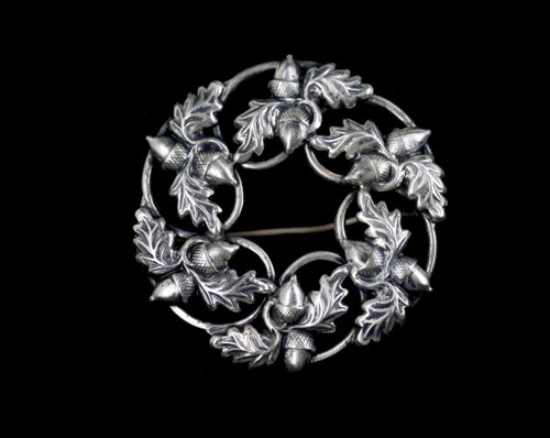 Vintage Deco Sterling Danecraft Acorn & Leaves Wreath Pin Brooch 2.5”