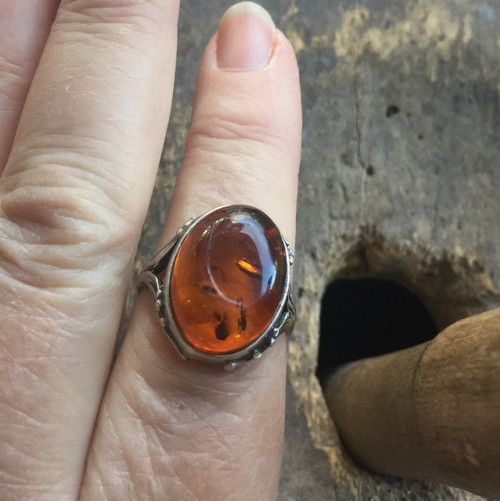 Vintage Mid Century Organic Sterling Silver Baltic Cognac Amber Ring Size 7.5