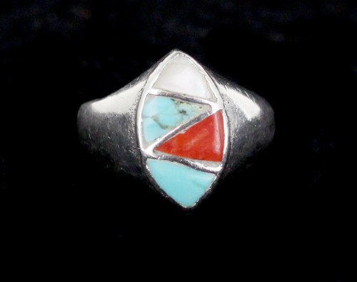 Vintage Sterling Silver Zuni MOP, Shell, Turquoise Inlay Ring Size 9.5