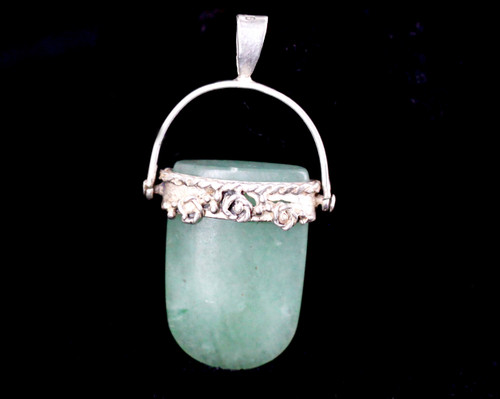 Vintage Sterling Silver Carved Jade Jadite Floral Bail Pendant