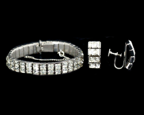 Antique Deco Paste Rhinestone Flexible Silver Tone Bracelet Earrings Set