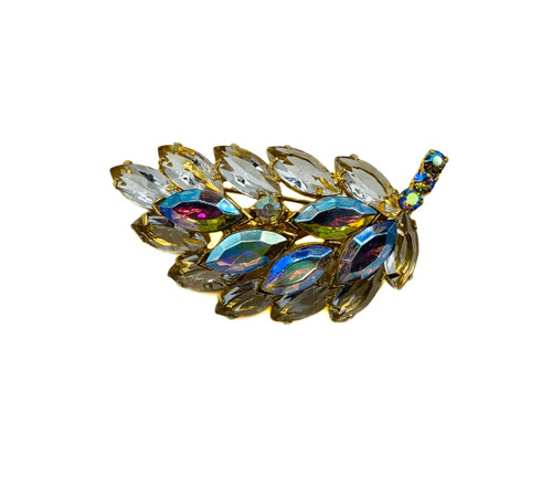 Vintage Juliana Attributed Aurora Borealis Crystal Rhinestone Leaf Pin Brooch