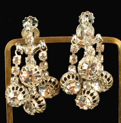 Vintage Gorgeous Hatti Carnegie Paste Rhinestone Drop Dangle Clip Earrings 1.75"