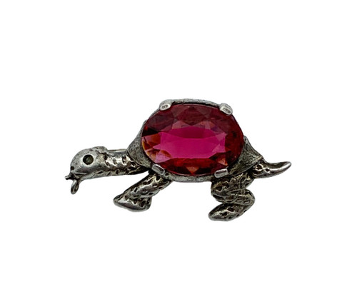 Vintage Art Deco Sterling Silver Ruby Paste Rhinestone Turtle Pin Brooch