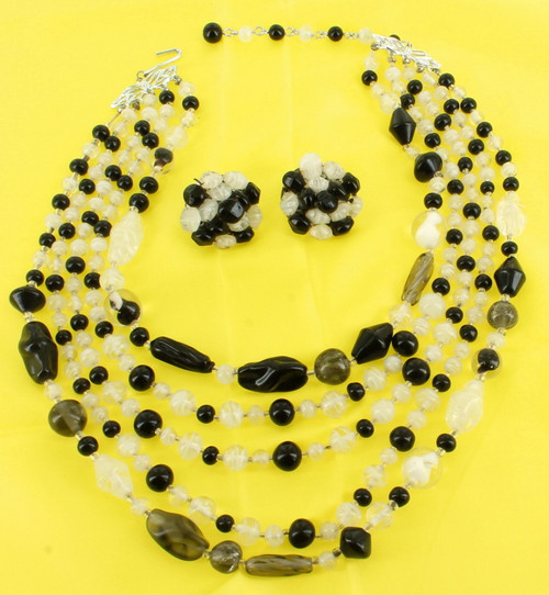 Vintage Czech Glass Smoky Bi-morphic Beads 5 Strand Necklace & Earring Set