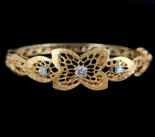Vintage Victorian Revival 14k Gold .4ct Diamond Floral Textured Bangle Bracelet 6”