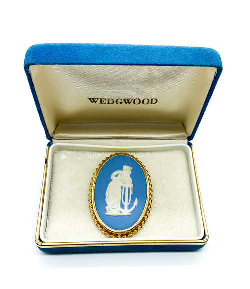 Vintage Wedgwood Blue Jasperware Nautical Maiden Gold Tone Oval Brooch Pendant