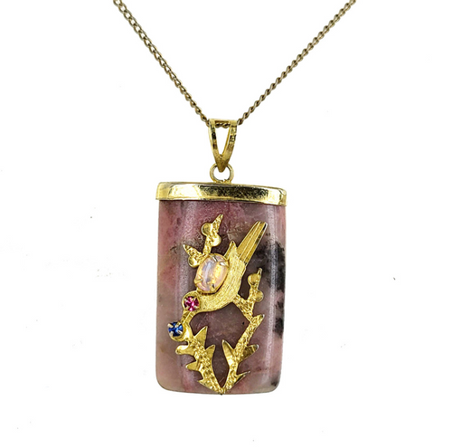 Vintage Chinese Bird Rhodonite Jelly Opal Amulet Gold Plate Pendant Necklace 18"