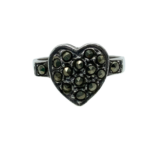 Vintage Art Deco Sterling Silver Pave Marcasite Heart Ring Size 6.5