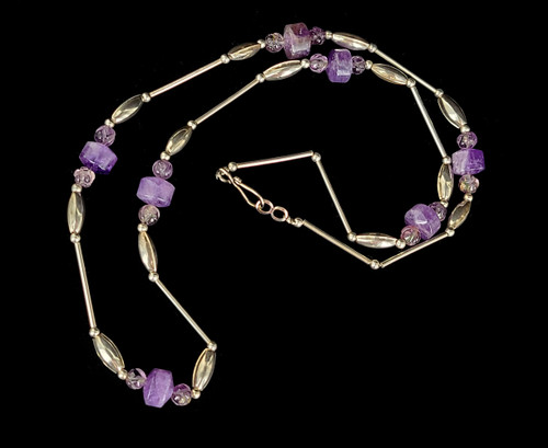 Vintage Sterling Silver Amethyst Liquid Silver Beads Beaded Necklace 27”