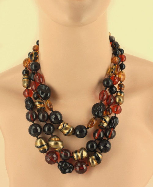 Vintage Vogue Murano Venetian Glass Beads Fall Colors 3 Str 18" Necklace Set Sgn