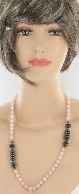 Vintage Rose Pink Quartz & Black Double Hematite Bead Knotted Necklace 33"