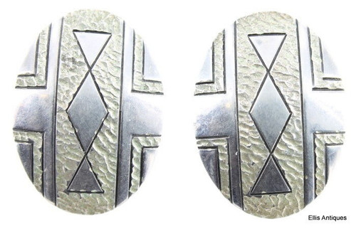 Vintage Sterling Navajo Sgd Allisse Oval Geometric Design Post Earrings