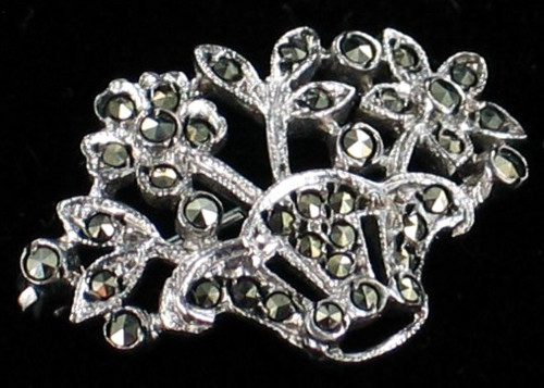 Antique Deco Sterling Marcasite Flower Basket Pin Binder Bros Dainty Darling!