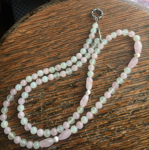 Vintage Long Beaded Morganite Nephrite Pearl Single Strand Necklace 30"