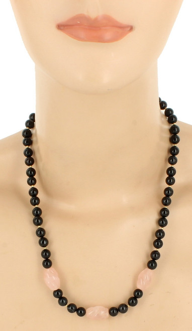 Vintage Black Agate Bead & Carved  Barrel Rose Quartz Bead Necklace 20" Pretty!