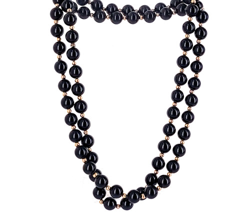 Vintage Modernist 14K Gold & Black Onyx Round Bead Necklace 28" Pretty 1960-1970