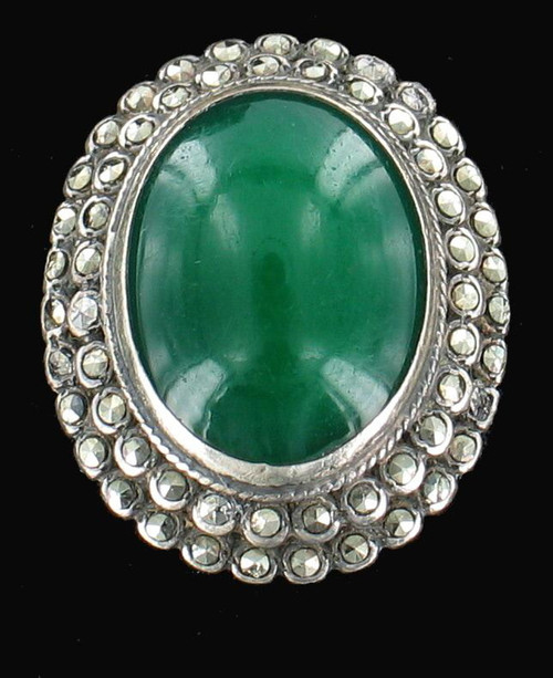 Gorgeous Antique Deco Sterling Marcasite Large Oval Green Agate Cab Ring 7.25