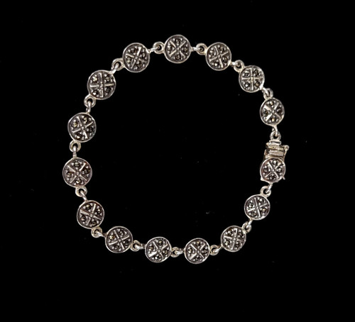 Vintage Deco Sterling Silver Marcasite Round Link Minimal Bracelet 6.5” Sm Wrist