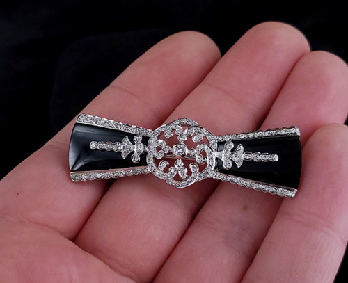 Antique Art Deco 18k White Gold F VS1 Diamond Bow Shape Bar Pin Brooch 2”
