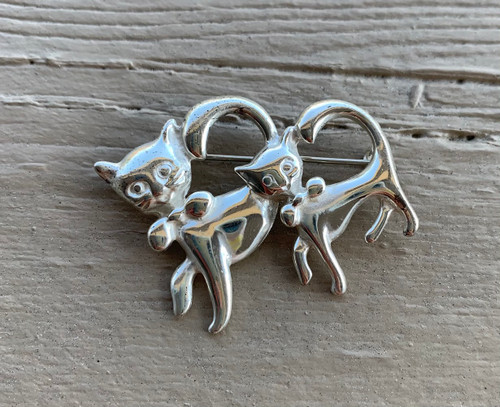 Vintage Sterling Silver Mother Cat & Kitten Pin Brooch