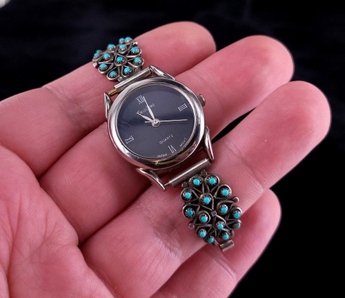 Vintage Sterling Petit Point Turquoise Zuni Old Pawn Stretchy Watch Band Bracelet 5”