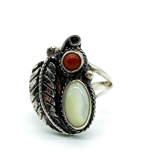 Vintage Navajo Old Pawn Sterling Silver MOP Coral Leaf Ring Size 6.5