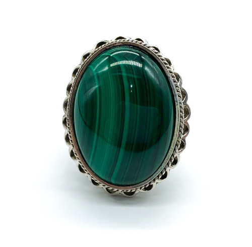 Vintage Sterling Silver Malachite Cabochon Scalloped Setting Ring Size 6