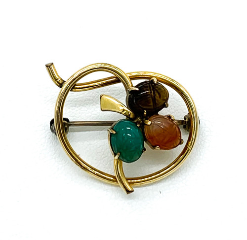 Vintage Mid Century 12k Yellow Gold Filled Scarab Gemstone Clover WRE Brooch