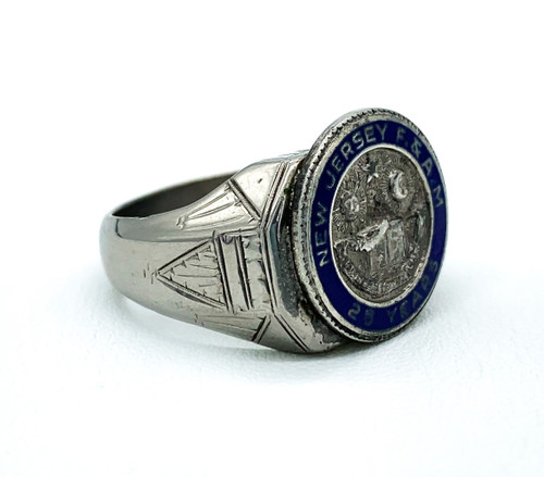 Vintage Mid Century NJ Masonic F & AM Blue Enamel Silver Tone Deco Ring 10.75