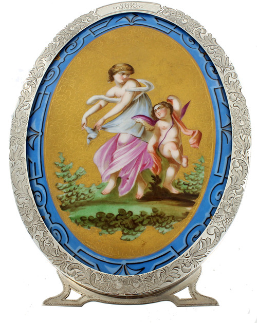 Antique Sterling Victorian French Porcelain Portrait Plaque Cherub Ornate  Frame
